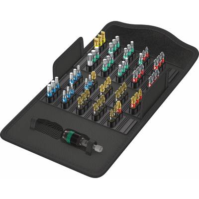 Een gereedschapsset met verschillende schroevendraaier-bits en een houder, zorgvuldig gesorteerd in een zwarte stoffen tas.