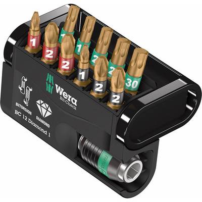 'Wera Bit-Check BC 12 Diamond 1': Een set met 12 bits in een zwarte houder, gemarkeerd met verschillende gekleurde ringen voor maataanduiding.