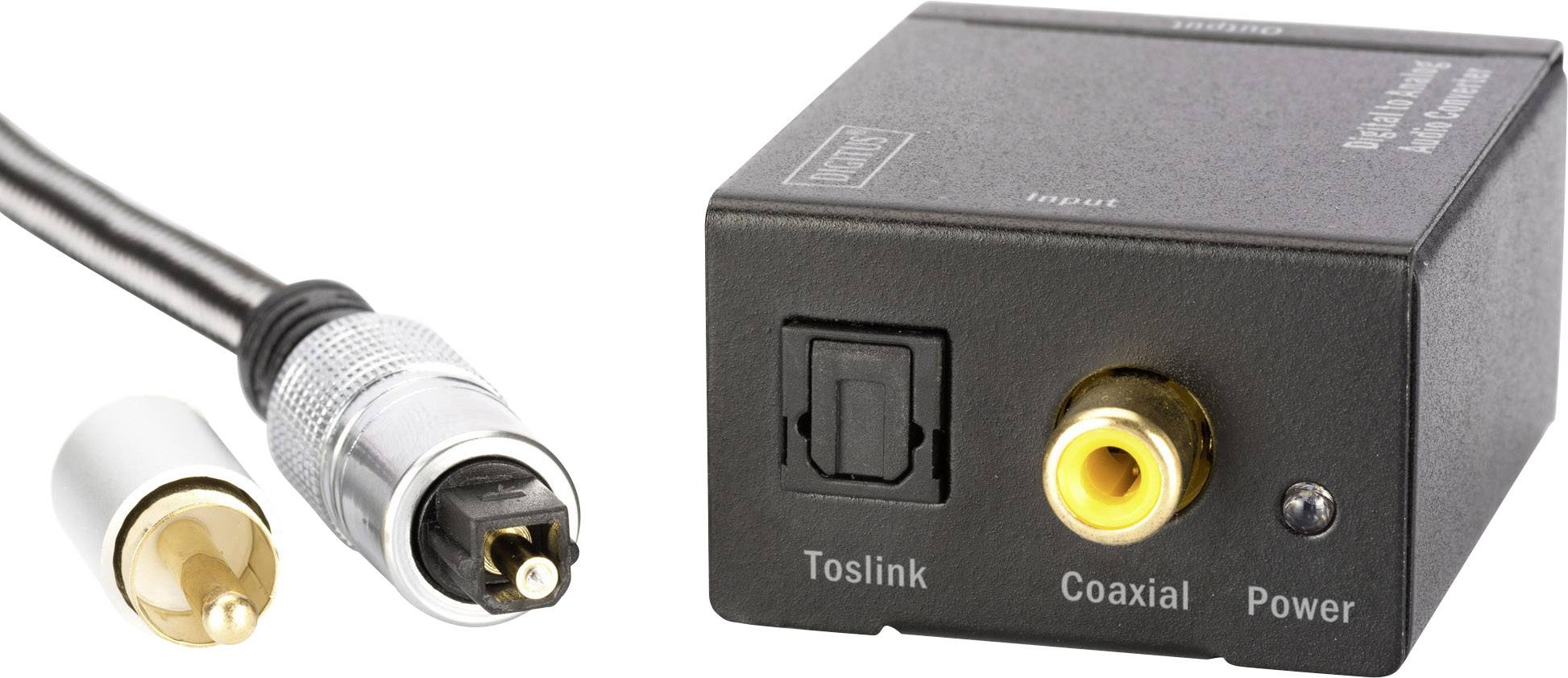 Converter met coaxiale ingang en optische audio-uitgang (Toslink) voor digitale audiosignalen, inclusief twee kabelstekkers.