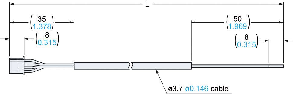 Afgebeeld is een kabel met stekkerverbinding. Lengte 'L' is variabel. De kabeldoorsnede bedraagt ø3,7 mm (0,146 inch). Maateenheden zijn weergegeven in millimeter en inch.