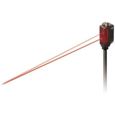 Optische sensor met rode laserstraal voor objectherkenning. De sensor zendt twee parallelle lichtstralen uit die worden gebruikt voor detectie.