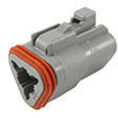 Een grijze elektrische connector met een oranje afdichtingsring, driehoekige aansluiting en meerdere aansluitplaatsen voor kabelverbindingen.