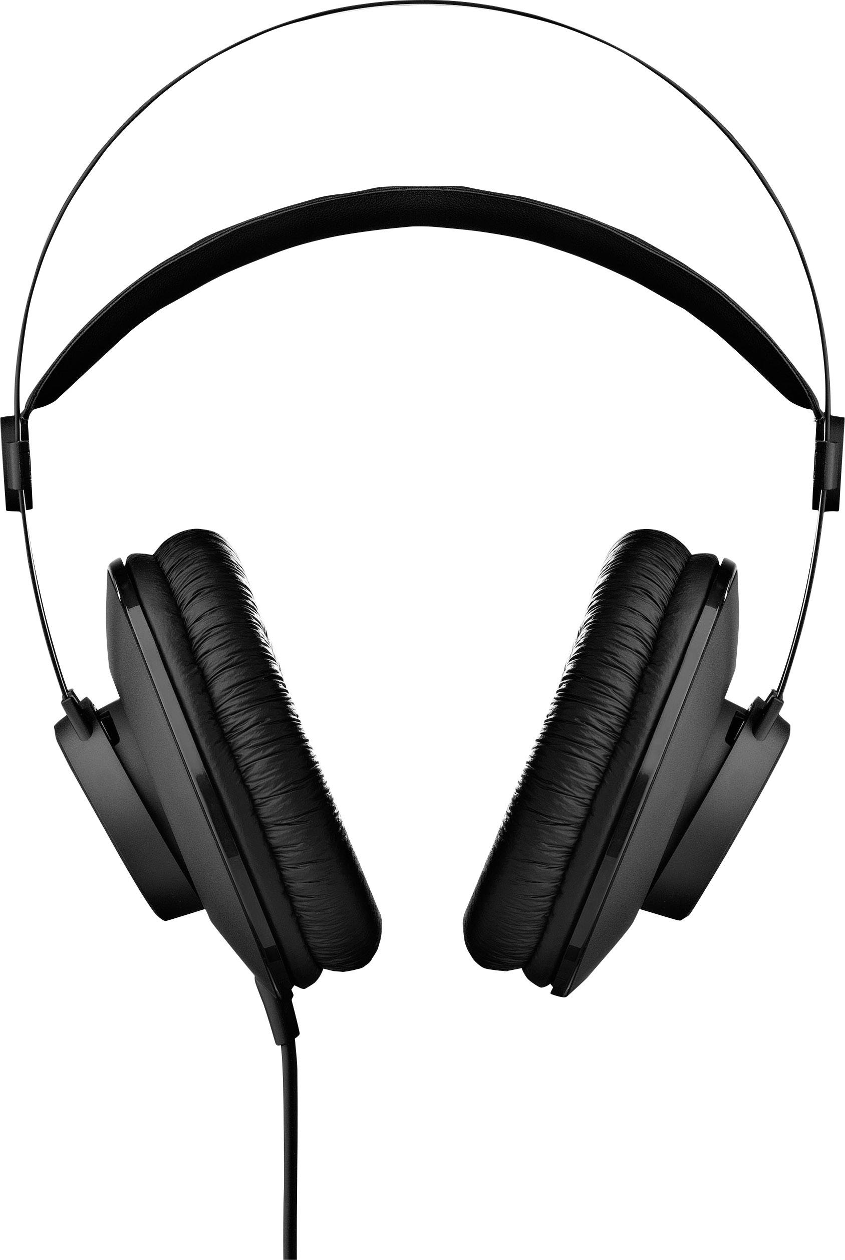 Zwarte over-ear koptelefoon, vooraanzicht, op witte achtergrond.