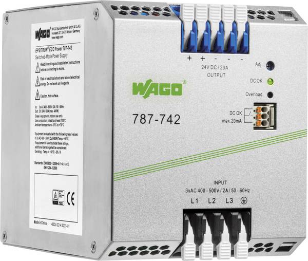 WAGO 787-742 DIN-rail netvoeding  24 V 20 A 480 W Aantal uitgangen:1 x  Inhoud 1 stuk(s)