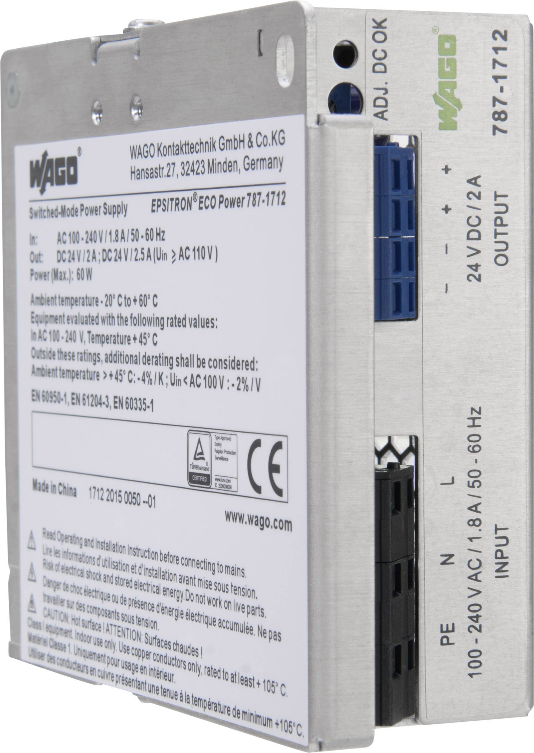 Elektronisch apparaat van WAGO, model 787-1712. Voorzien van technische details over stroomvoorziening en aansluitingen.