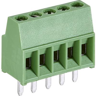 Groene elektrische stekker met vijf metalen pennen en vijf schroefklemmen. Gebruikt voor kabelverbindingen in elektronische apparatuur.