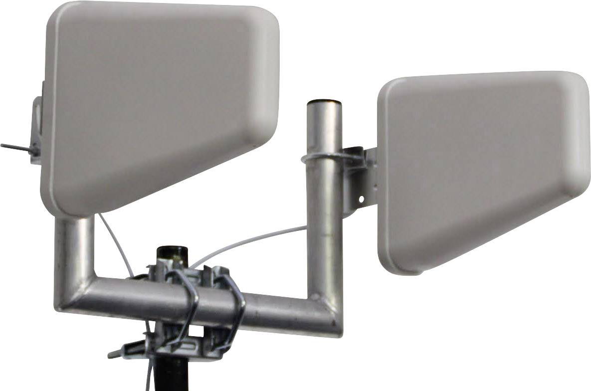 Twee grijze, rechthoekige antennes zijn gemonteerd op een metalen frame, dat is ontworpen voor externe montage.