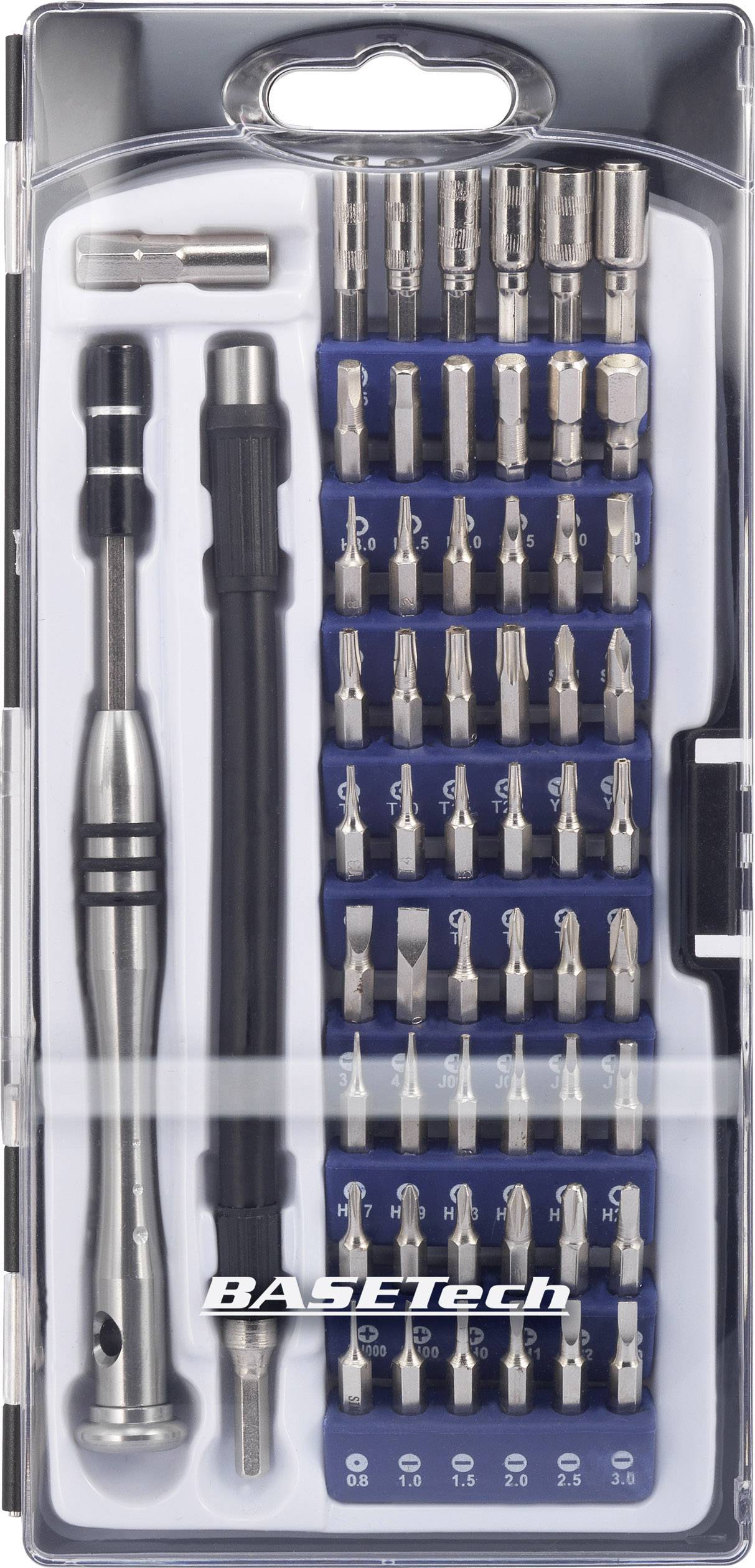 Een schroevendraaier-set in een transparante etui toont verschillende metalen opzetstukken en twee handgrepen, gemerkt met 'BA9Etech'.