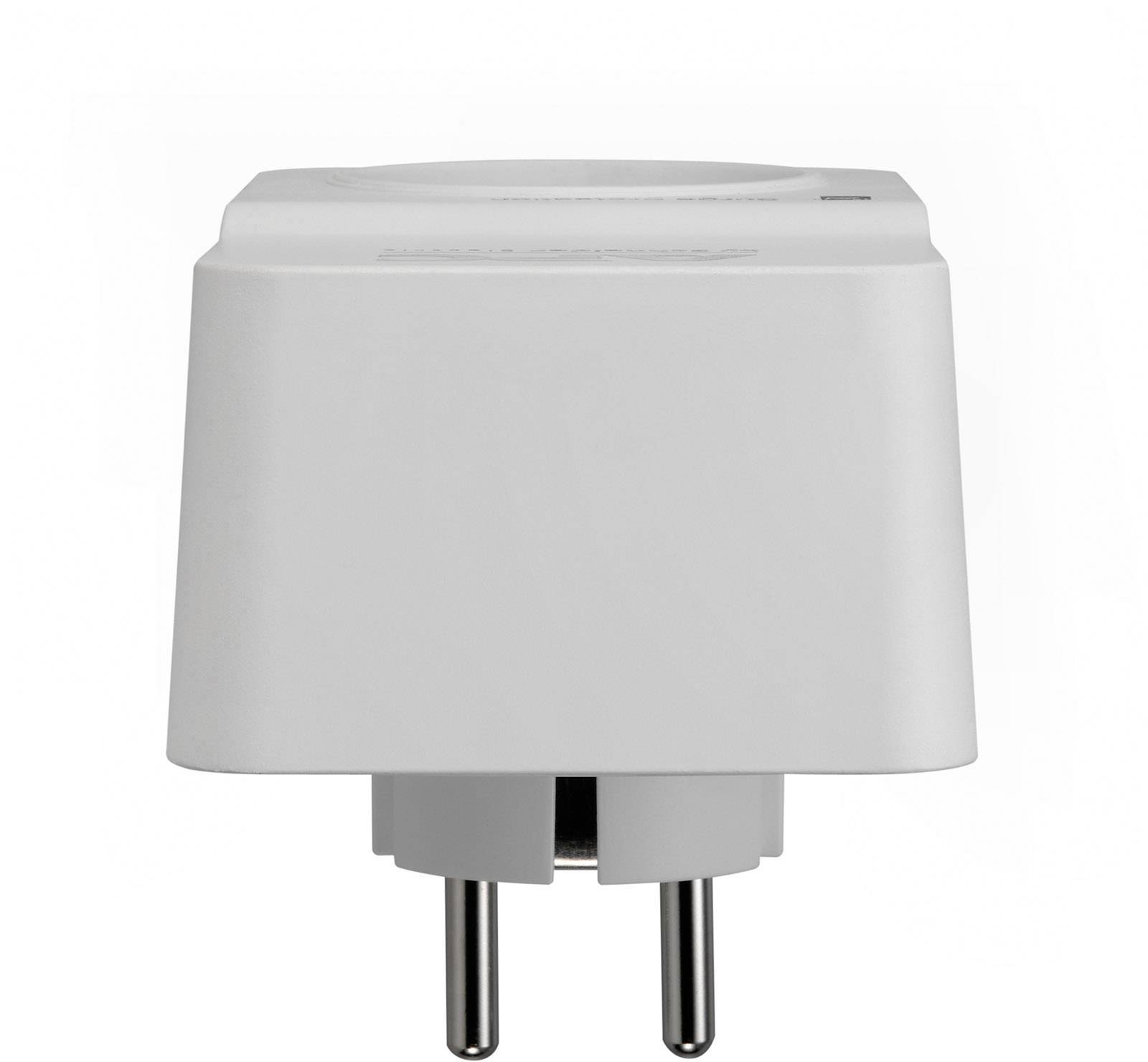 Een witte adapterstekker met twee ronde metalen pinnen voor stroomvoorziening.