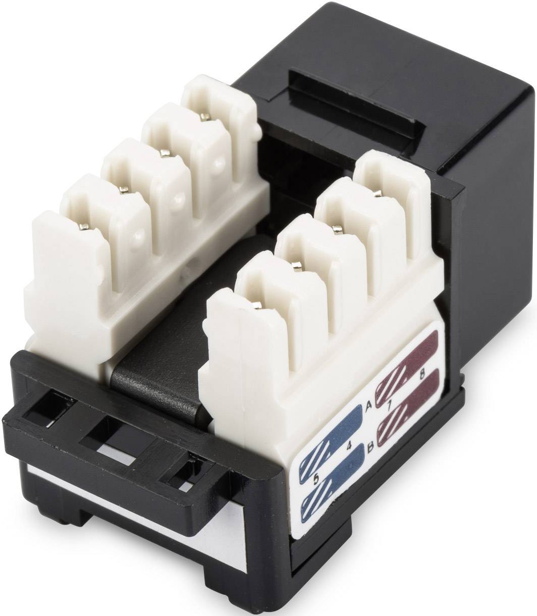 Een zwarte elektrische aansluitadapter met meerdere witte aansluitingen en kleurgecodeerde labels aan de zijkant.