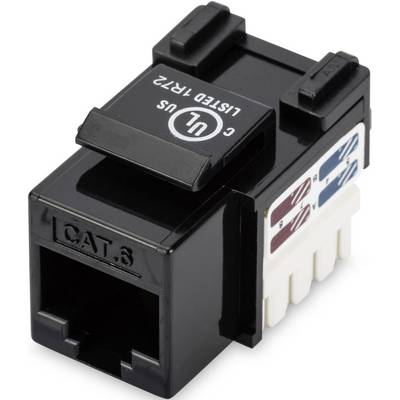 Keystone-module CAT6, zwart behuizing, met UL-logo, geschikt voor Ethernet-bekabeling, voorzijde toont RJ45-aansluiting.