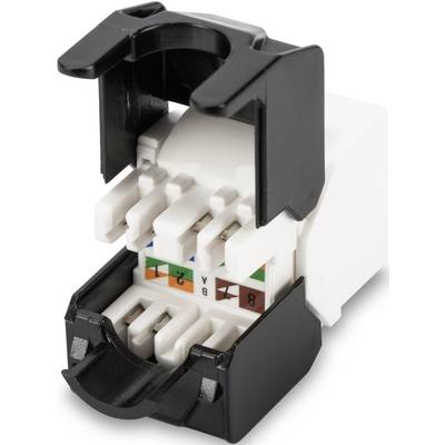 'Een geopend Keystone-module met kleurgecodeerde aansluitingen voor netwerkkabels. Geschikt voor gebruik in patchpanels of wandcontactdozen.'