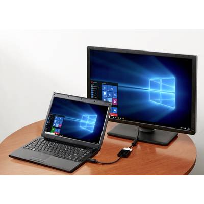 Een laptop is via HDMI verbonden met een grotere monitor, waarbij beide het Windows-bureaublad met het geopende startmenu weergeven.