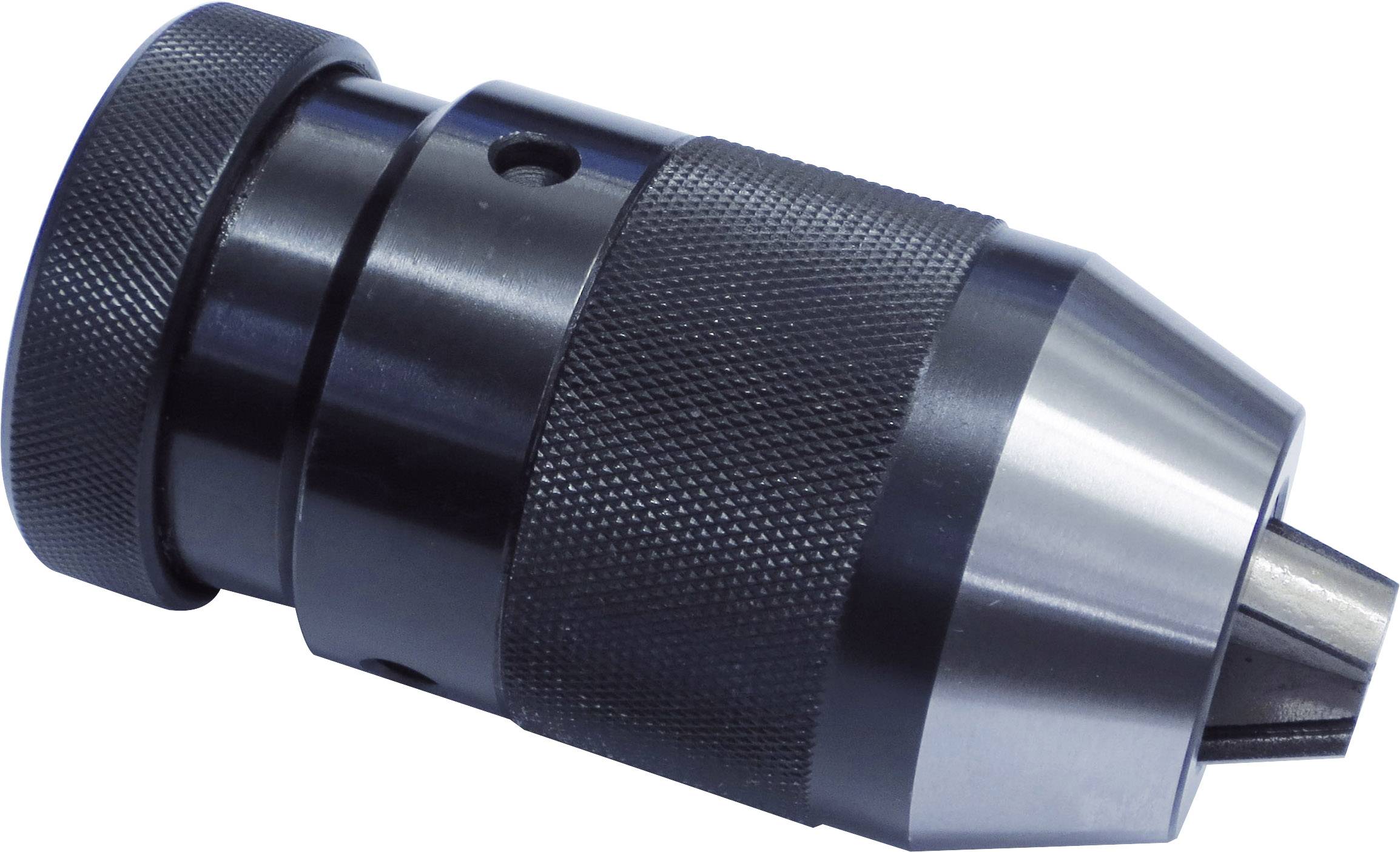 Een zwarte metalen boorkop, cilindrisch van vorm, met gegroefde oppervlakte voor betere grip.