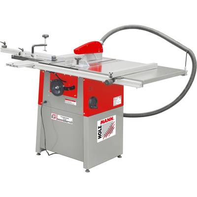 'Holzmann' tafelcirkelzaag met een rood en grijs behuizing, zijdelingse uitbreiding en afzuigslang.