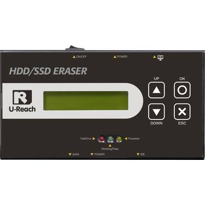 HDD/SSD-verwijderingsapparaat met digitaal display en bedieningstoetsen. Merknaam 'U-Reach'. Indicatoren voor fouten, voeding en werkstatus.