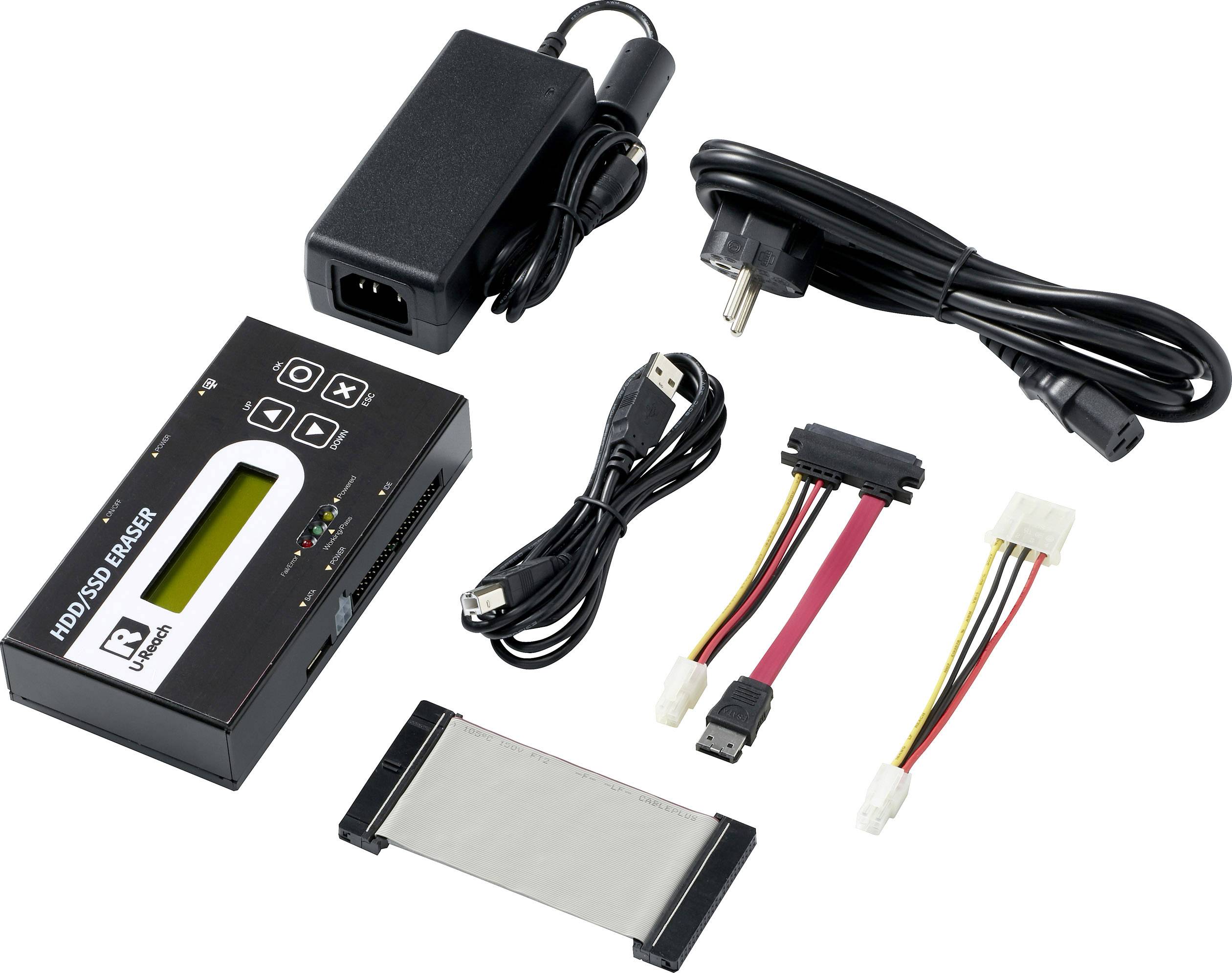 Een HDD/SSD-wisapparaat met voeding, USB-kabel, adapterkabels en een aansluitband; bestemd voor veilige gegevenswissing.