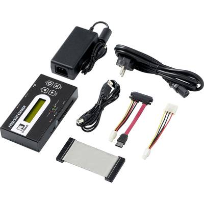 Een HDD/SSD-wisapparaat met voeding, USB-kabel, adapterkabels en een aansluitband; bestemd voor veilige gegevenswissing.
