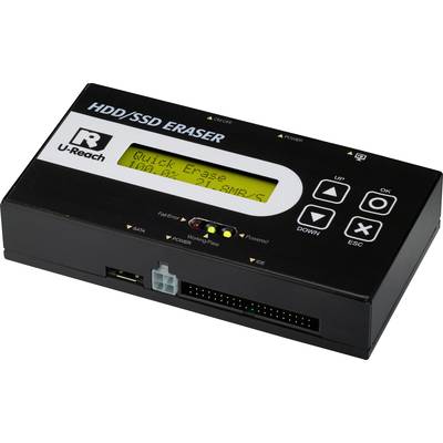 Een HDD/SSD-verwijderingsapparaat met een digitaal display en meerdere knoppen voor bediening. Het display toont 'Quick Erase 10GB'.