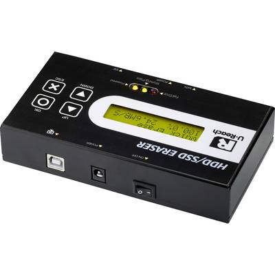 Zwart apparaat met toetsen, USB-aansluiting en scherm; toont 'Wissen: 24 GB/s'. Merk: R-Drive.