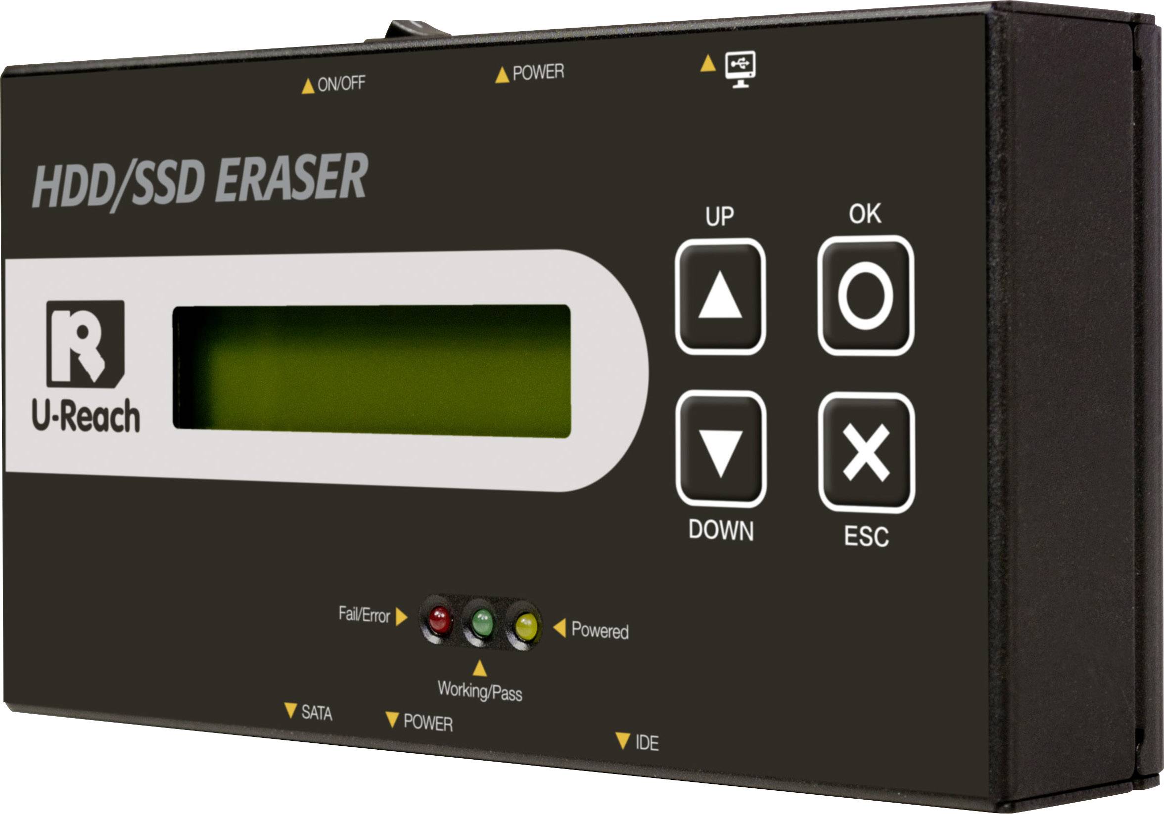'Extern apparaat voor het wissen van HDD/SSD-gegevens, met display en toetsen voor bediening. Statuslampjes geven functie en fouten aan.'
