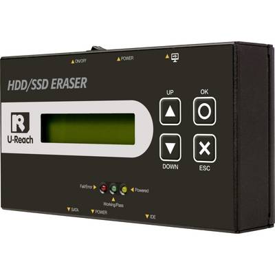 'Extern apparaat voor het wissen van HDD/SSD-gegevens, met display en toetsen voor bediening. Statuslampjes geven functie en fouten aan.'