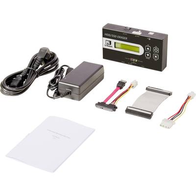 Een HDD/SSD-wisapparaat met voeding, verbindingskabels en handleiding voor het veilig wissen van harde schijven.