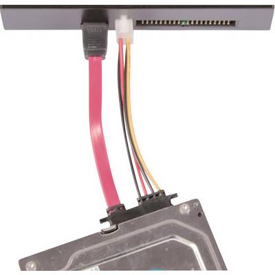 Een SATA-kabel verbindt een harde schijf met een bovenste aansluiting. De behuizing van de harde schijf is gedeeltelijk zichtbaar.