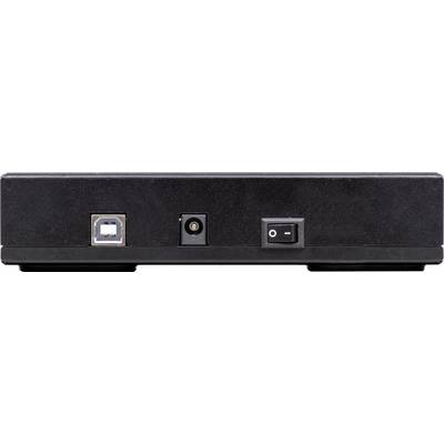 Een zwart elektronisch apparaat met een USB-poort, netvoedingsaansluiting en een aan/uit-schakelaar aan de voorkant.