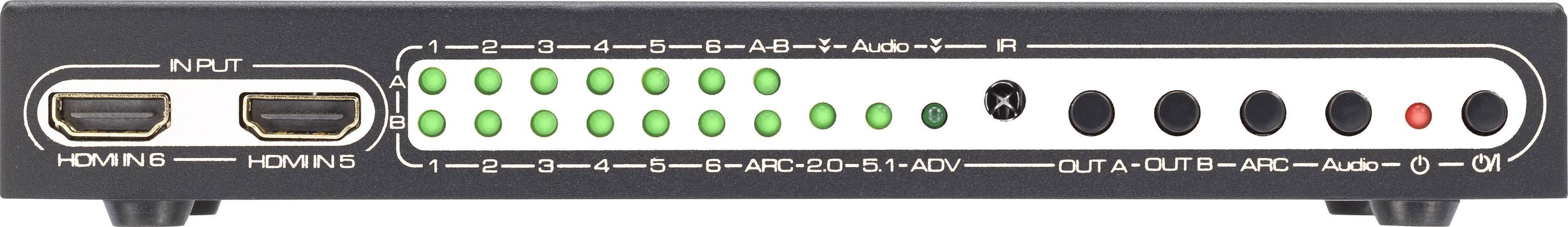 'Audio-Video-schakelaar met meerdere HDMI-aansluitingen en LED-indicatoren voor statusweergave van de verschillende ingangen en uitgangen.'