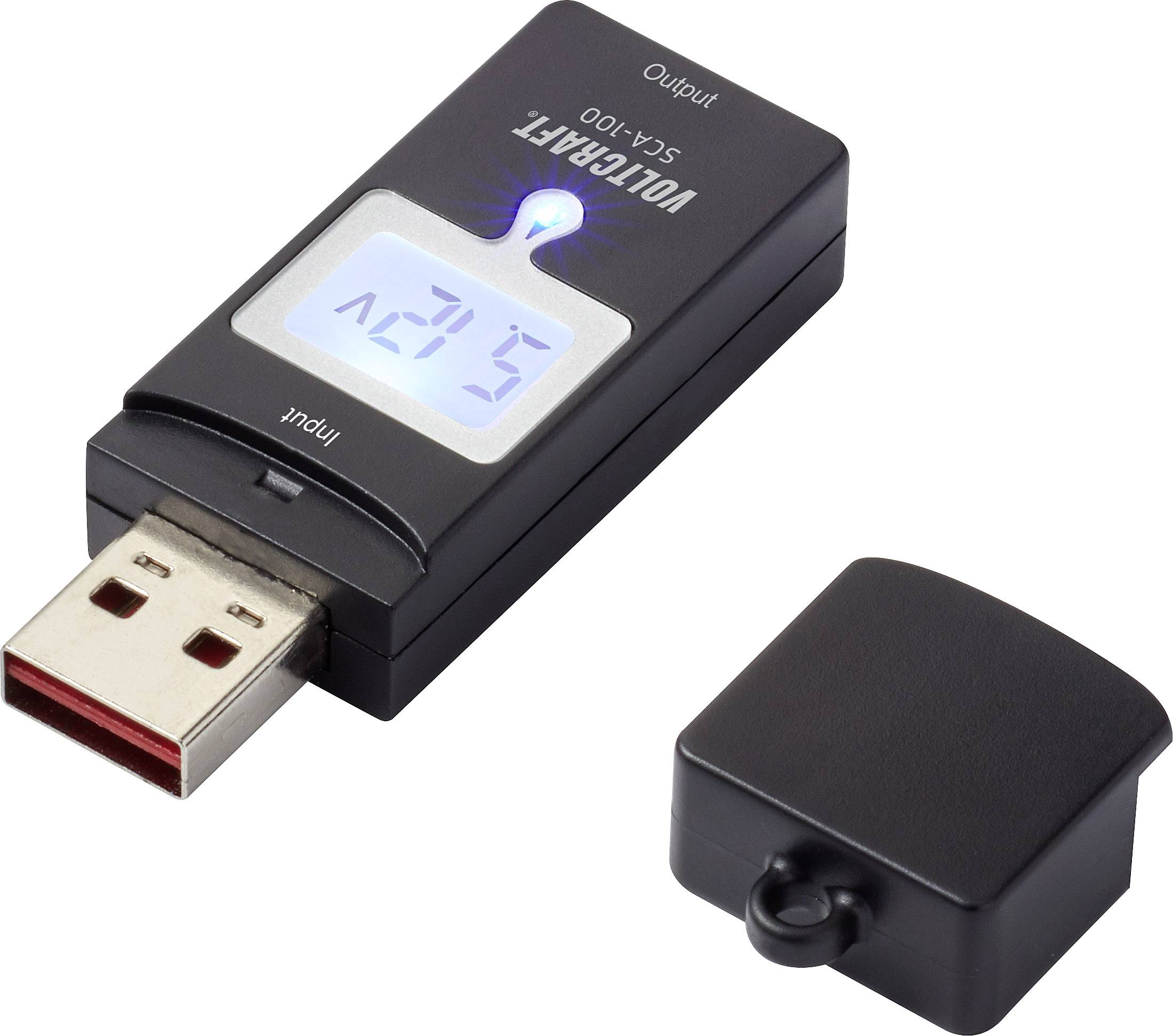 USB-voltmeter met weergave van een spanning van 5,2 volt. Apparaat toont input- en output-aansluitingen evenals een afneembare deksel.