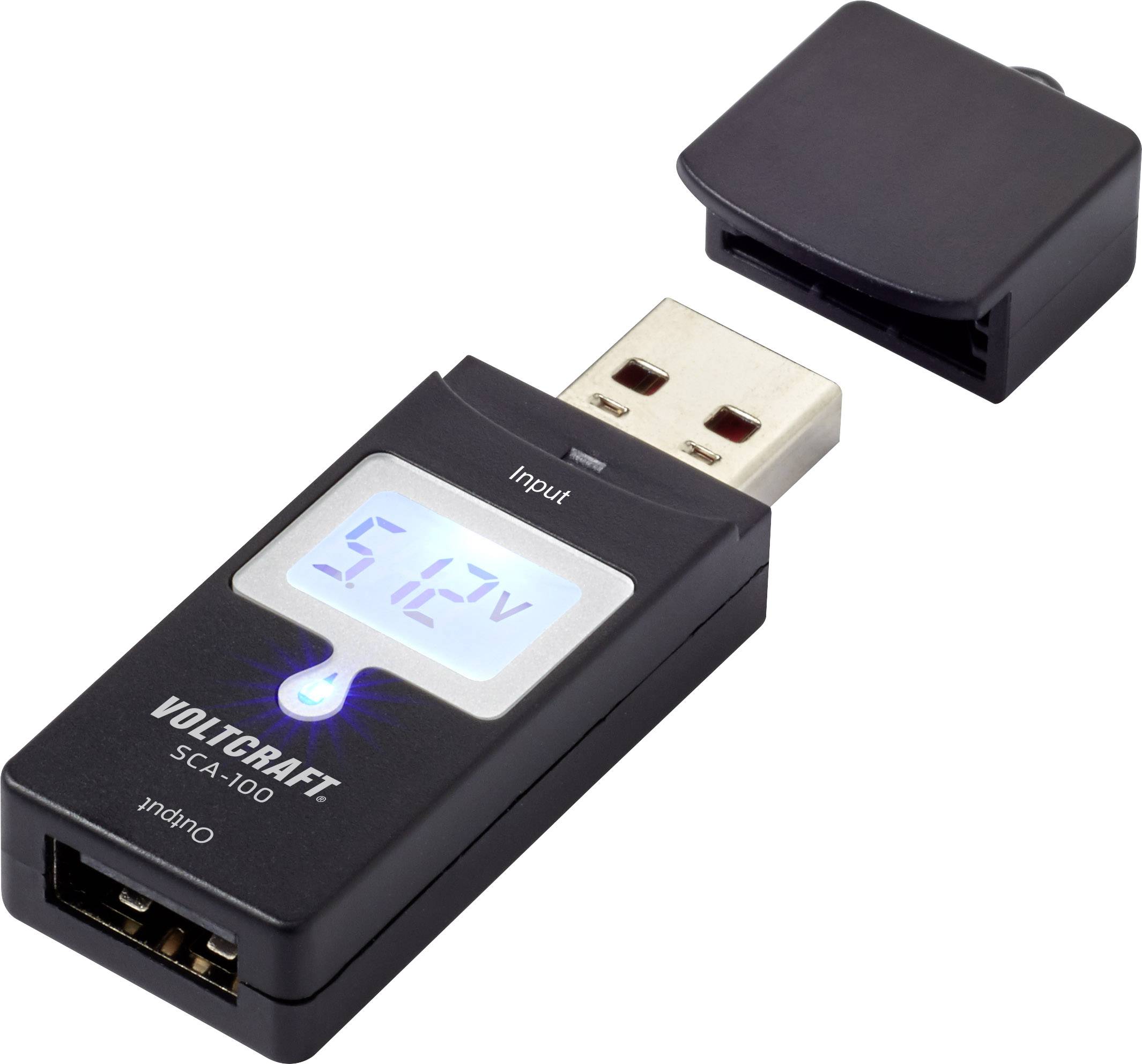 USB-spanningmeter met blauw display dat '5,12V' weergeeft. Apparaat van VOLTCRAFT, model SCA-100, met afgenomen beschermkap.