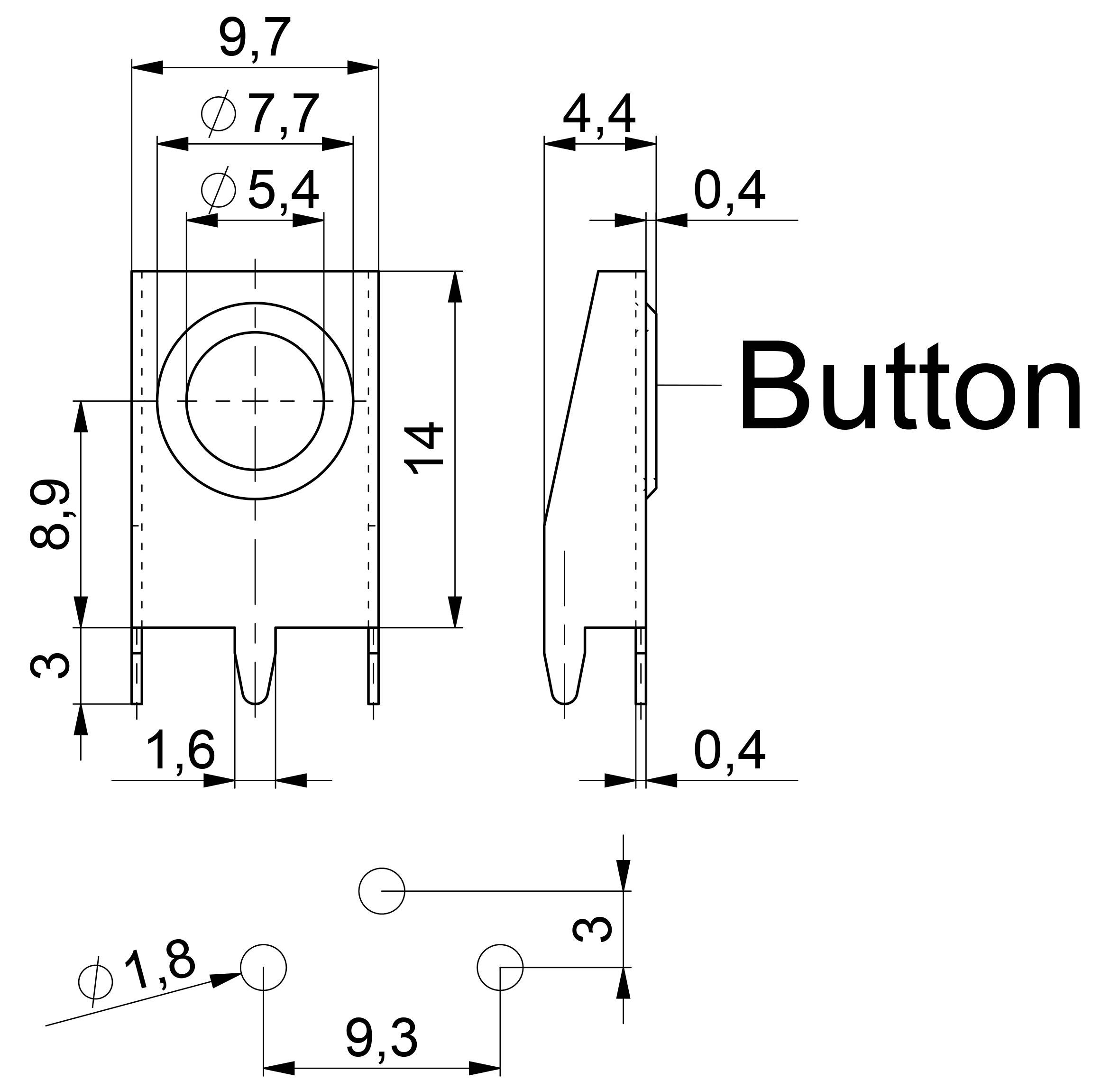 Technische tekening van een knop met afmetingen in millimeters. Toont voor- en zijaanzicht met markeringen voor boorgaten.