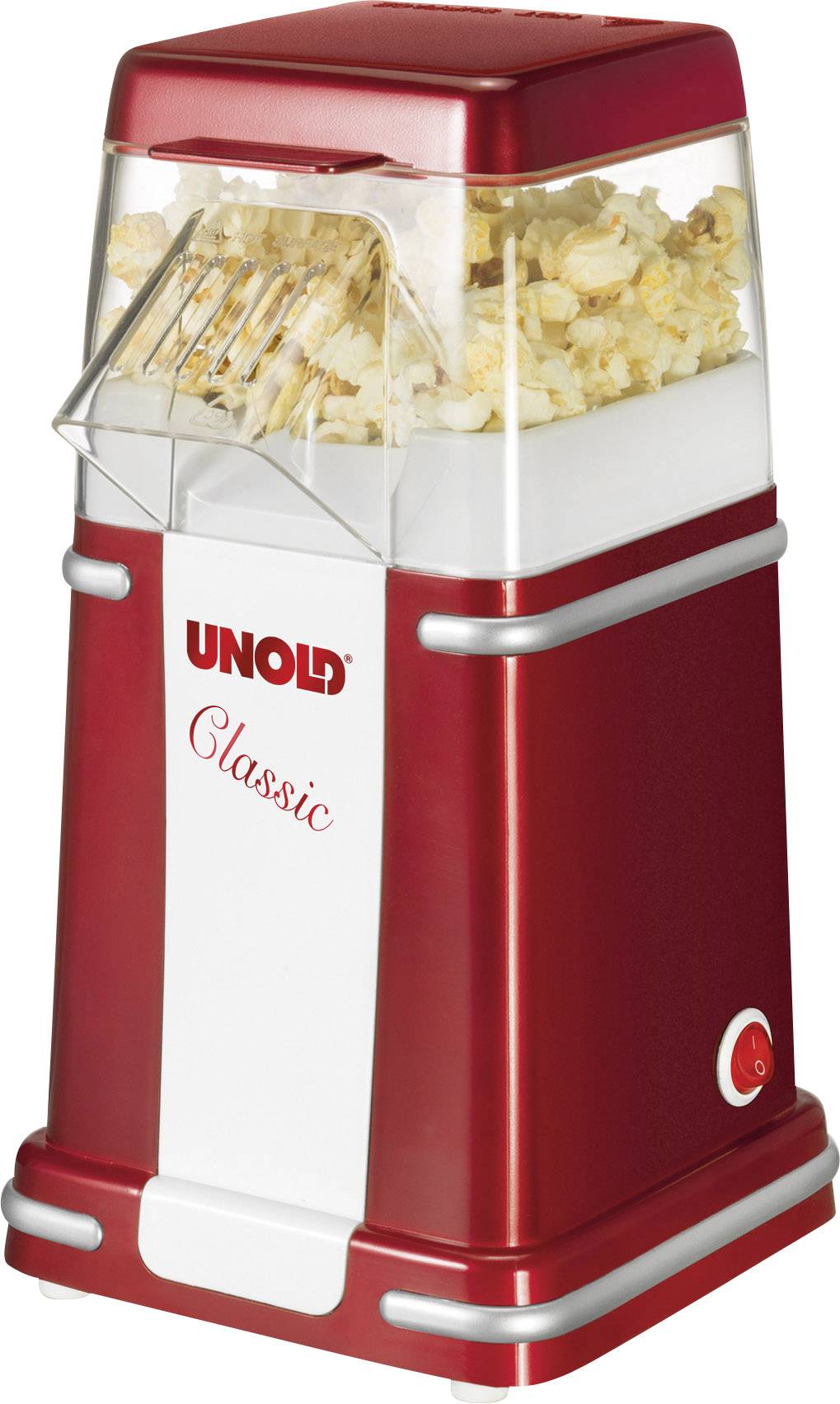 Rode popcornmachine van het merk UNOLD met het opschrift 'Classic'. De machine is gevuld met verse popcorn.