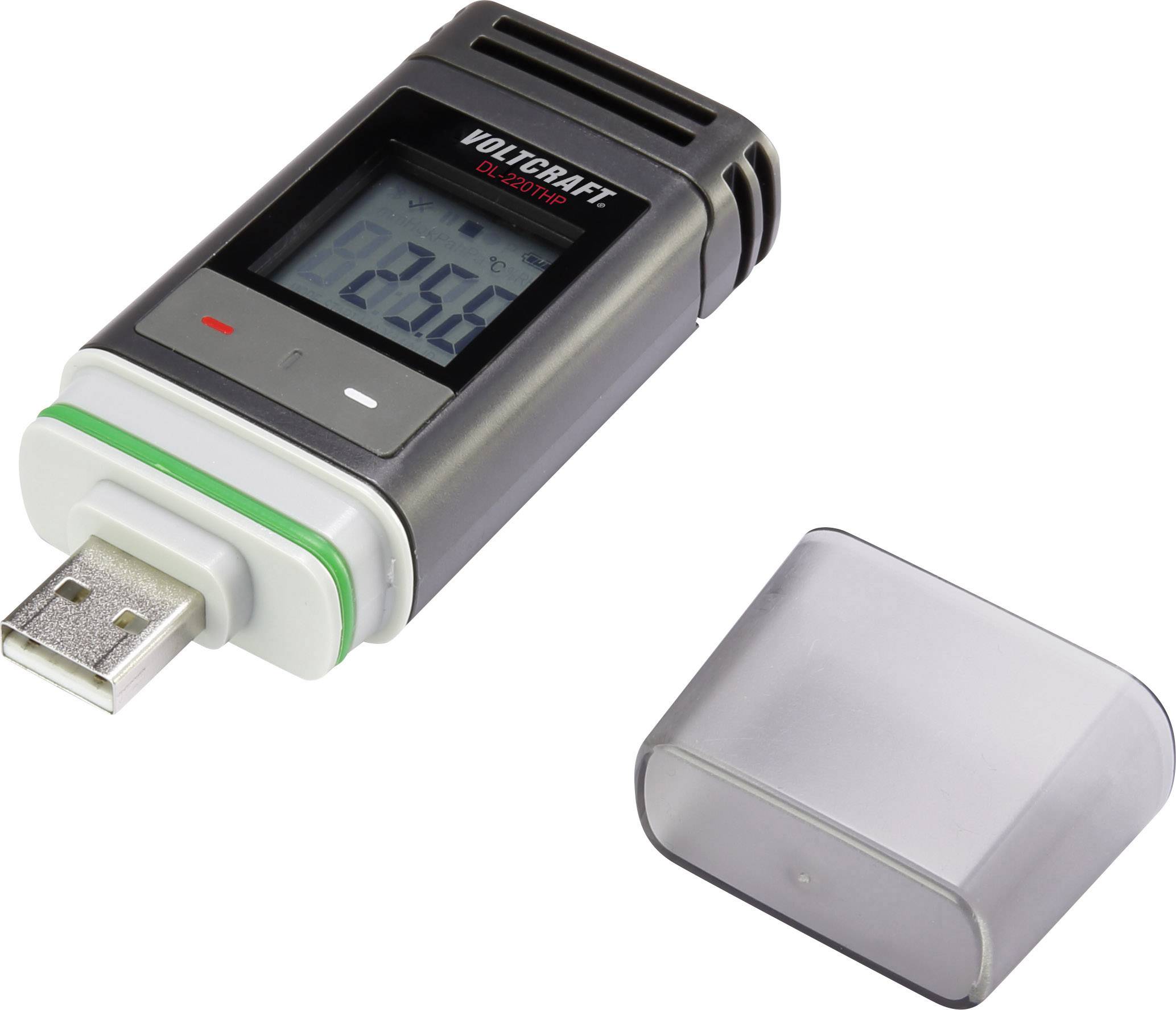Een USB-temperatuur-datalogger met display toont '22,5°C'. Deksel ligt ernaast. Apparaat wordt gebruikt voor het registreren van temperatuurgegevens.