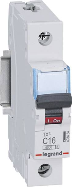 Eenpolige installatieautomaat met opschrift 'TX3 C16 legrand'. Gebruikt voor de bescherming van elektrische stroomkringen.