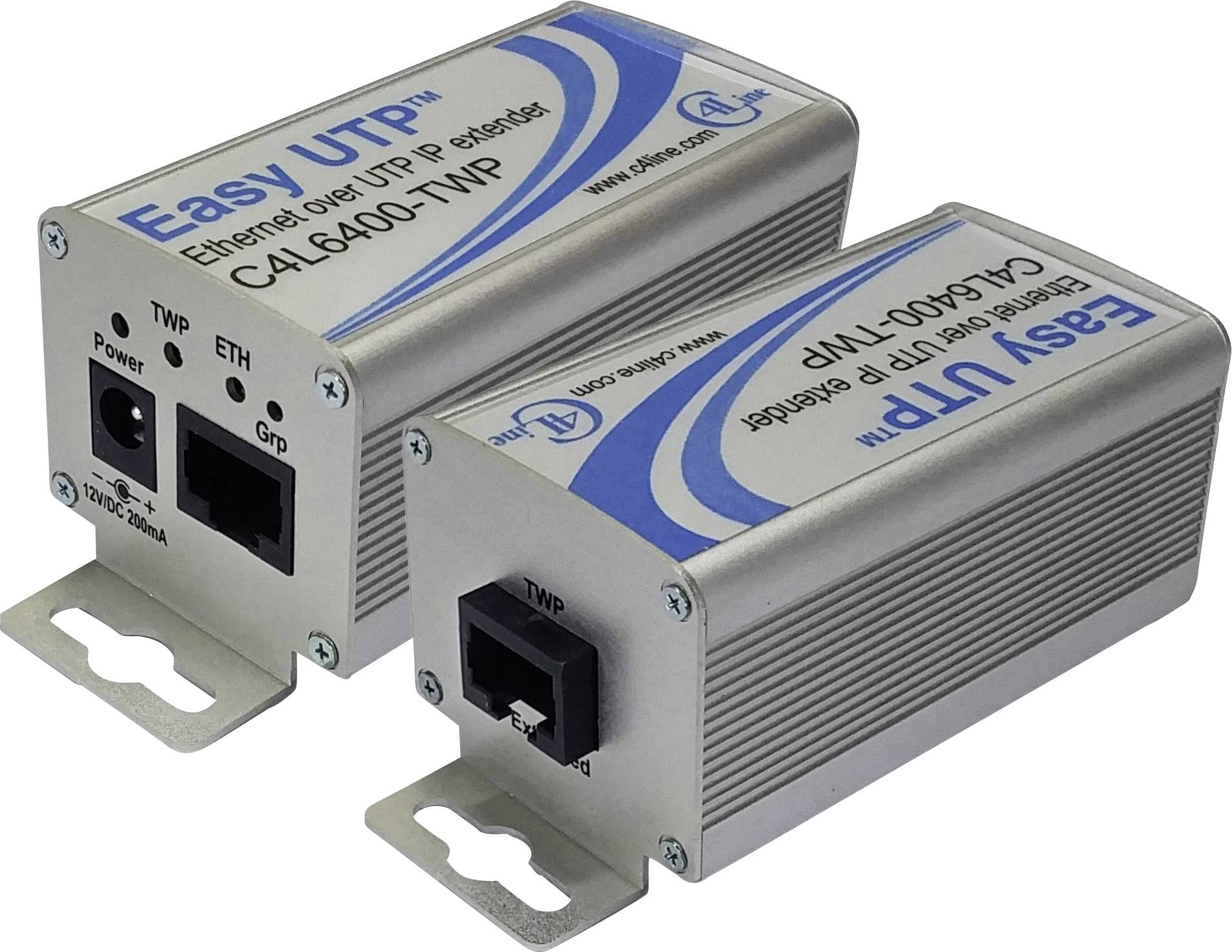 Twee zilveren Ethernet-extenders, model 'Easy UTP', met aansluitingen voor stroom en Ethernet, tegen een witte achtergrond.