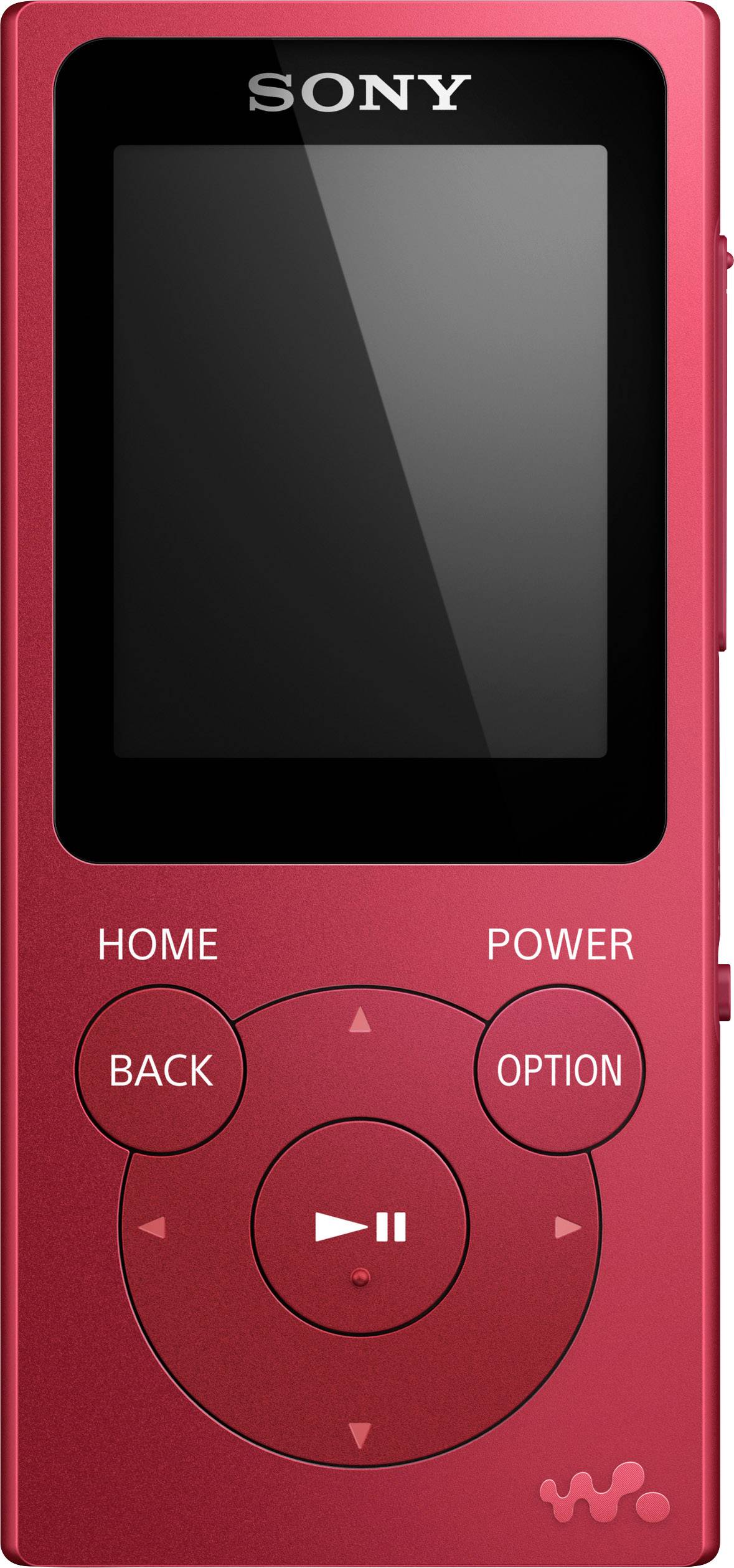Een rode Sony MP3-speler met scherm en bedieningsknoppen voor Home, Power, Terug, Optie en Afspelen.