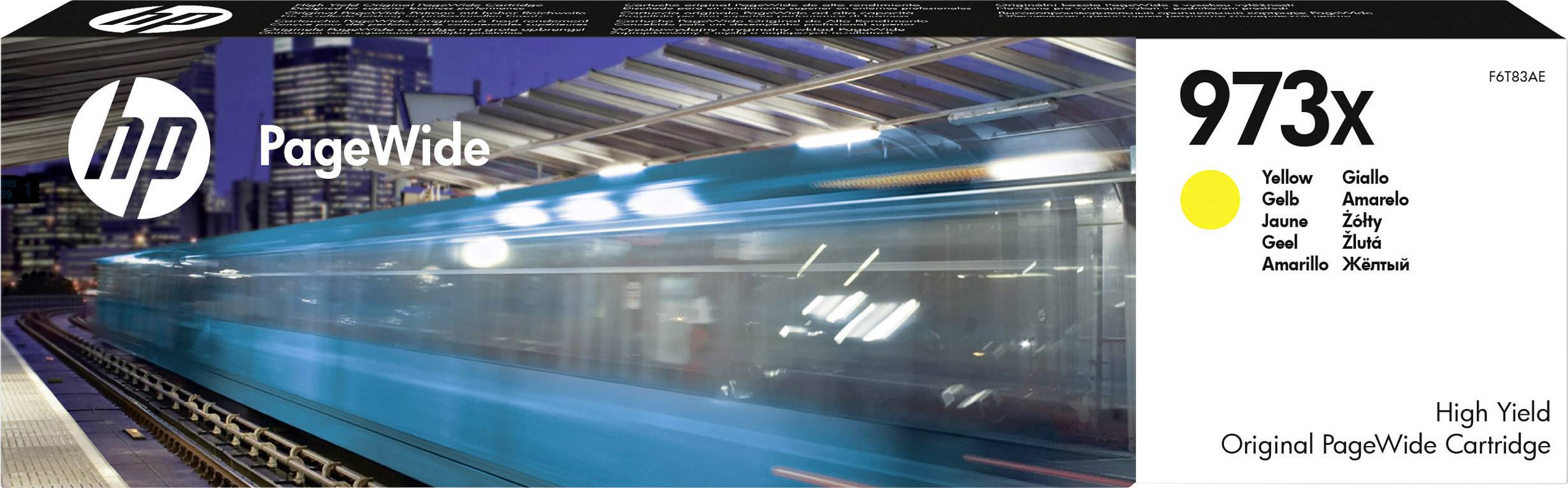 'HP PageWide 973X gele inktcartridge, hoge capaciteit, originele PageWide-cartridge, voor hoogwaardige afdrukken.'