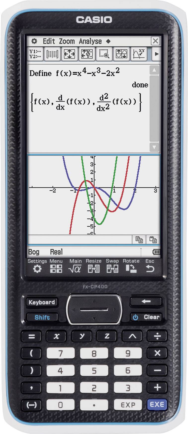 Een rekenmachine toont het diagram en de vergelijking van een functie met drie curves in verschillende kleuren op het scherm.