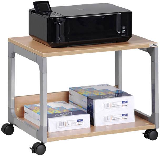 Printer op een rolwagen met drie stapels papier. De printer is zwart, de wagen heeft twee houten planken en metalen wielen.