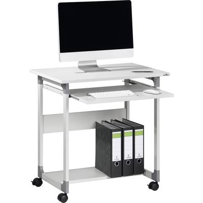 Klein wit computertafel op wieltjes met monitor, toetsenbord, muis en drie mappen onder de tafel.