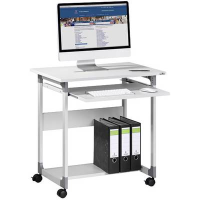 Een compacte computertafel met een lade voor het toetsenbord. Op de tafel staat een beeldscherm, daaronder bevinden zich mappen.