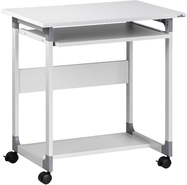 Een kleine, witte computertafel met wielen en een toetsenbordlade onder het hoofdblad. Minimalistisch design voor kleine ruimtes.