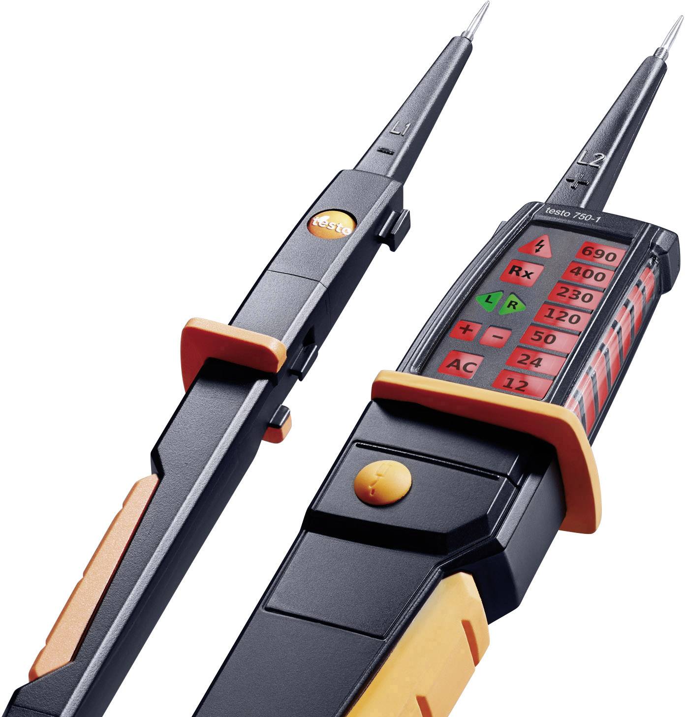 Een elektrisch meettoestel met twee sondes en digitale weergave voor spanningsmetingen. Schaal toont waarden tot 690 volt.