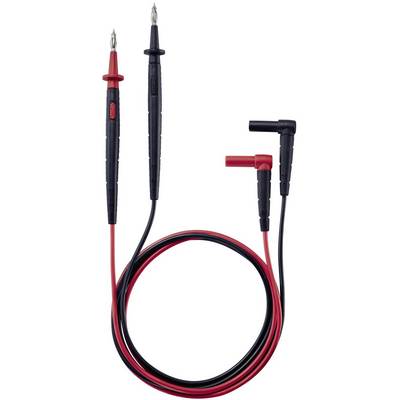Een paar multimeter meetpennen, één zwart en één rood, met kabels en geïsoleerde handgrepen.