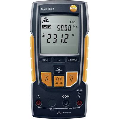 Digitale multimeter met display AC 231,2 V, 50 Hz. Functietoetsen voor verschillende meetmodi.