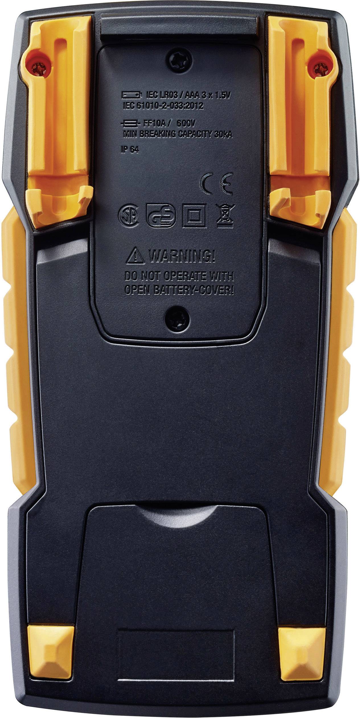 Achterkant van een zwart-geel apparaat met batterijvak. Bevat technische informatie en waarschuwingen.