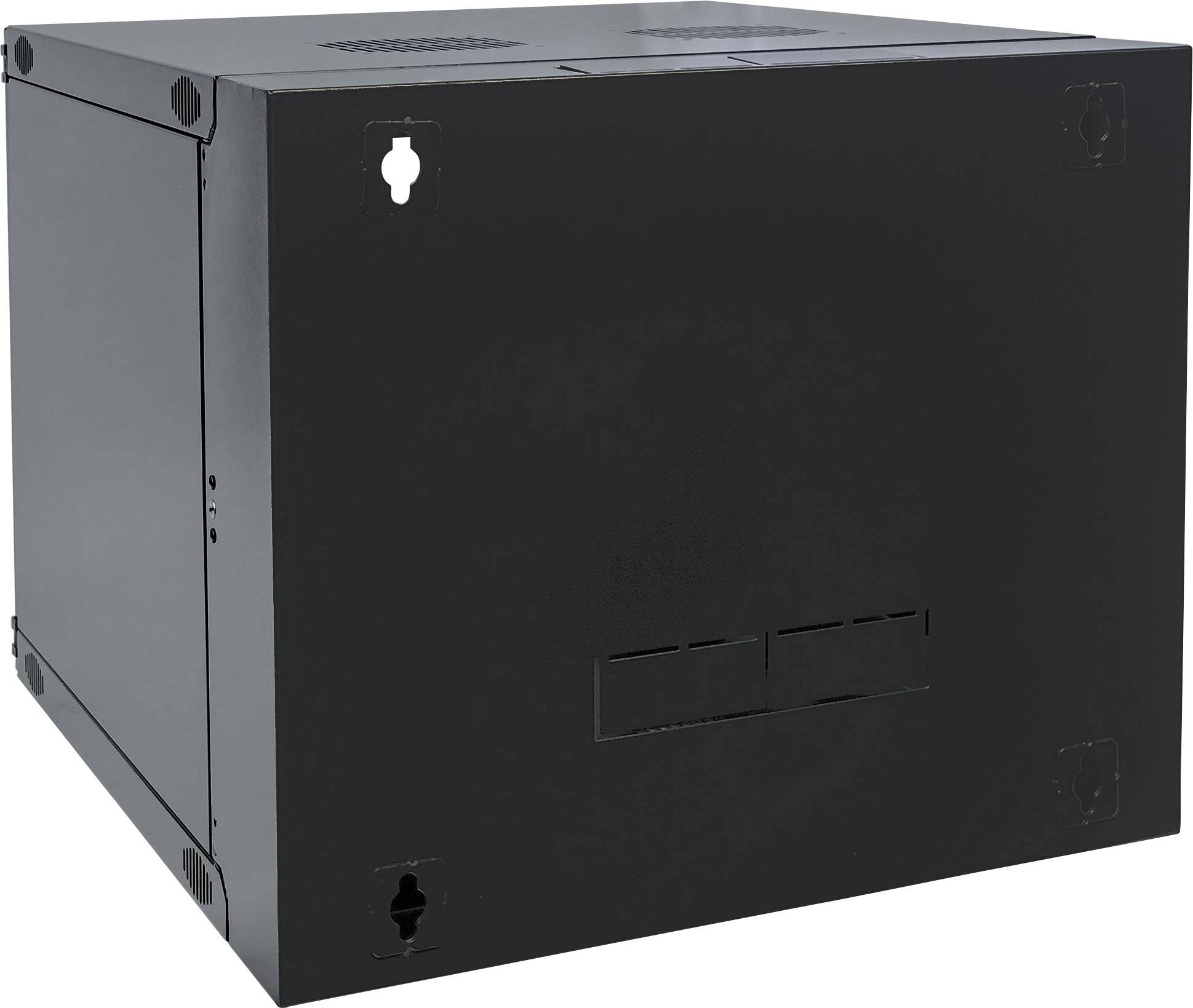 Een zwart metalen frame of kast, waarschijnlijk bedoeld voor opslag of beveiliging van elektronische apparaten, met wandbevestigingen.