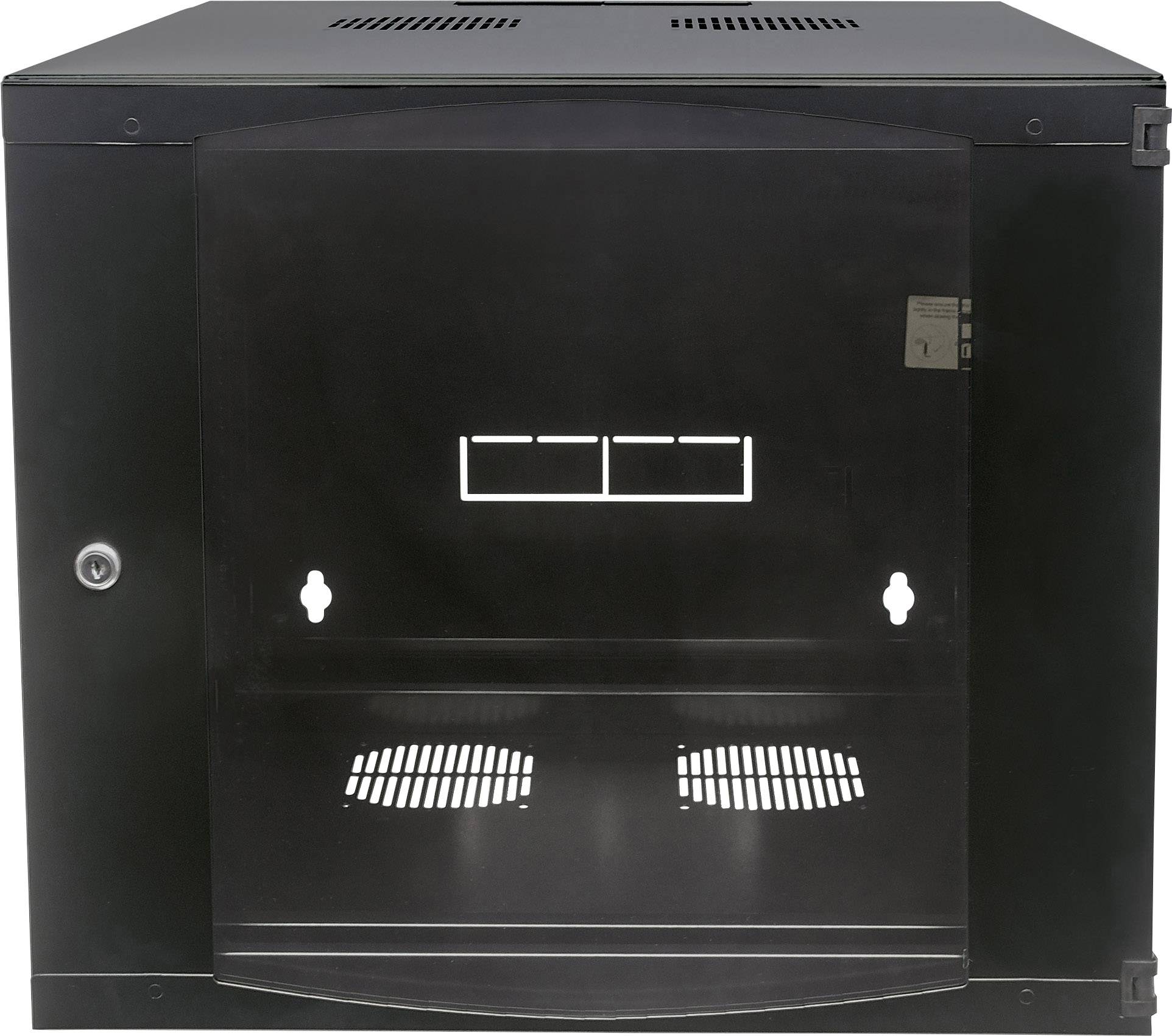 Een zwarte, vierkante wandkast met glazen deur en ventilatiesleuven. Geschikt voor de veilige opberging van netwerkapparatuur.